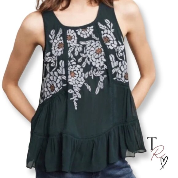 Anthro Floreat Roselle Boho Embroidered Green Sleeveless Babydoll Top Size L - Picture 1 of 14